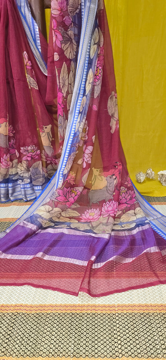 Stylish Red Kota Silk Saree with Beautiful Digital Print for Festive Occasions