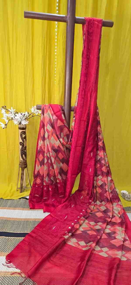 Crimson Red  Munga Silk Saree with Geometric Pallu & Zari Buti Border