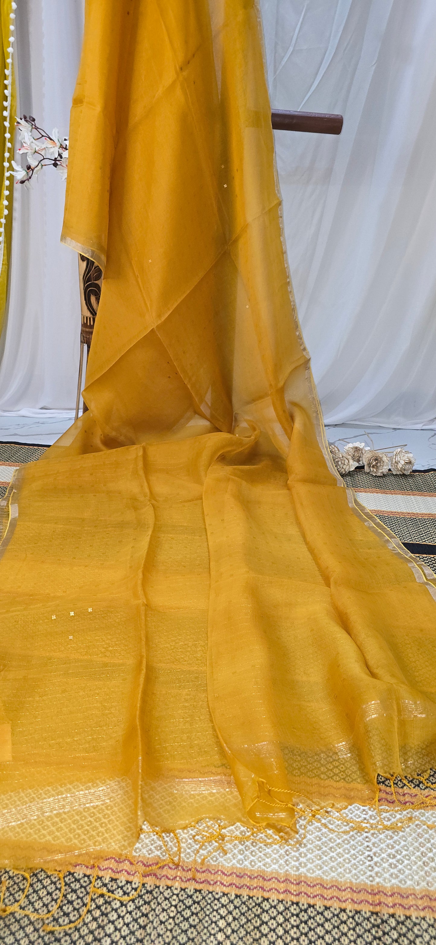 Stunning Yellow Pure Kora Silk Saree with Elegant Design for Party and Festive Wear