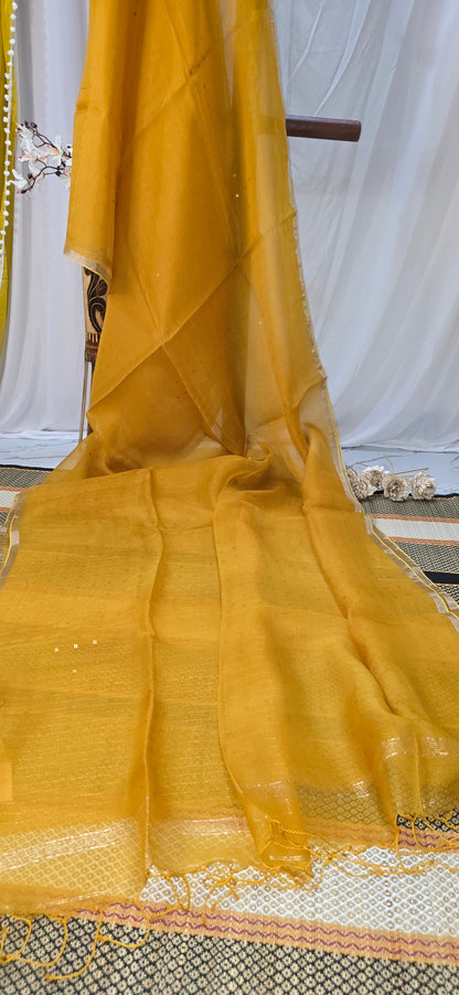 Stunning Yellow Pure Kora Silk Saree with Elegant Design for Party and Festive Wear