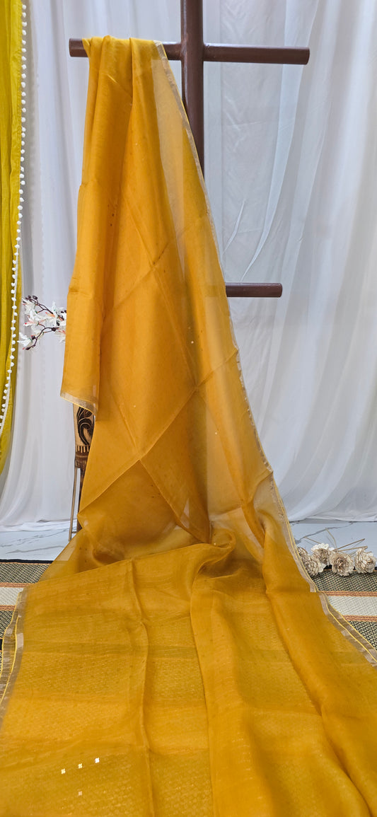 Stunning Yellow Pure Kora Silk Saree with Elegant Design for Party and Festive Wear