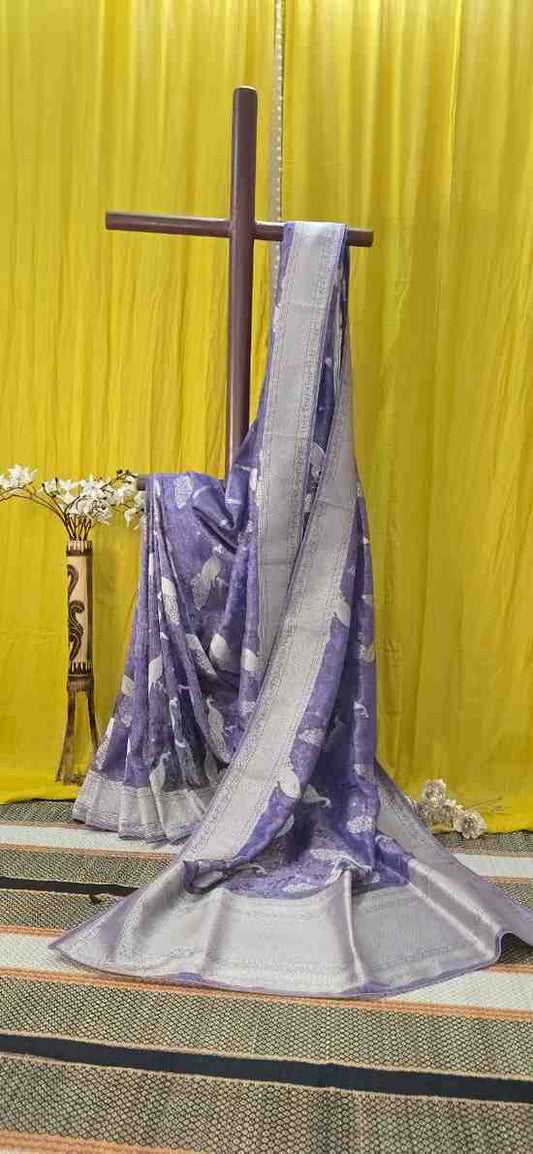 Purple Tissue Silk Saree with Silver Zari Border & Woven Peacock Motifs