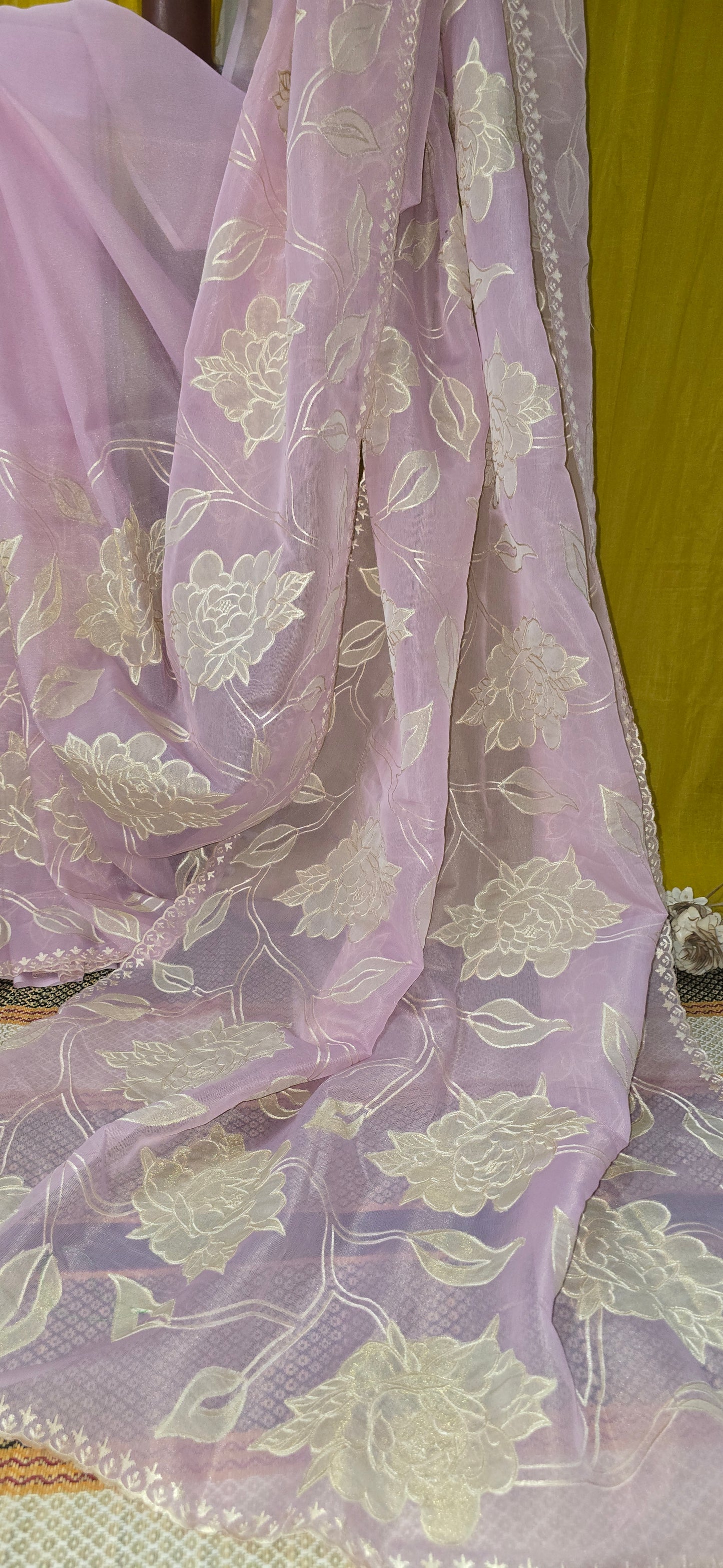 Elegant Pink Silk Tissue Saree with Applique Design for Festive Wear