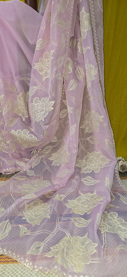 Elegant Pink Silk Tissue Saree with Applique Design for Festive Wear