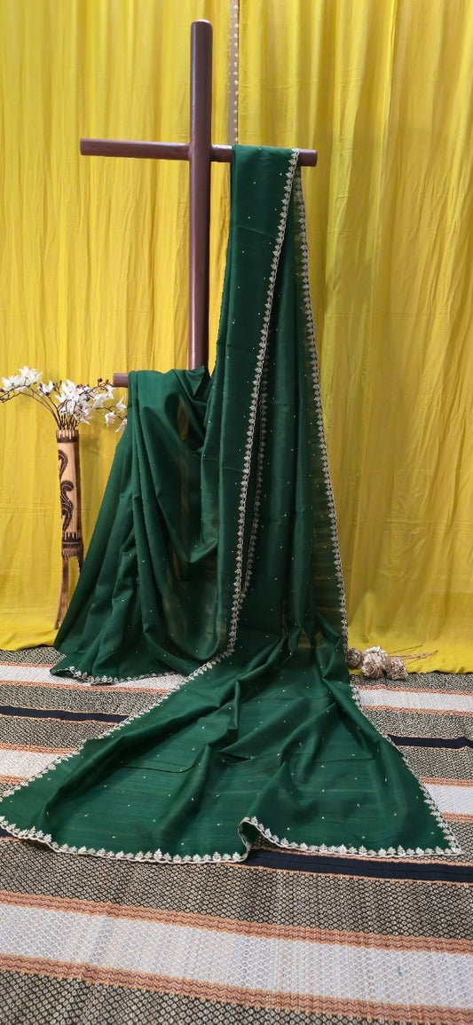 Emerald Green Tussar Silk Saree with Embroidered Leaf Border & Subtle Buti