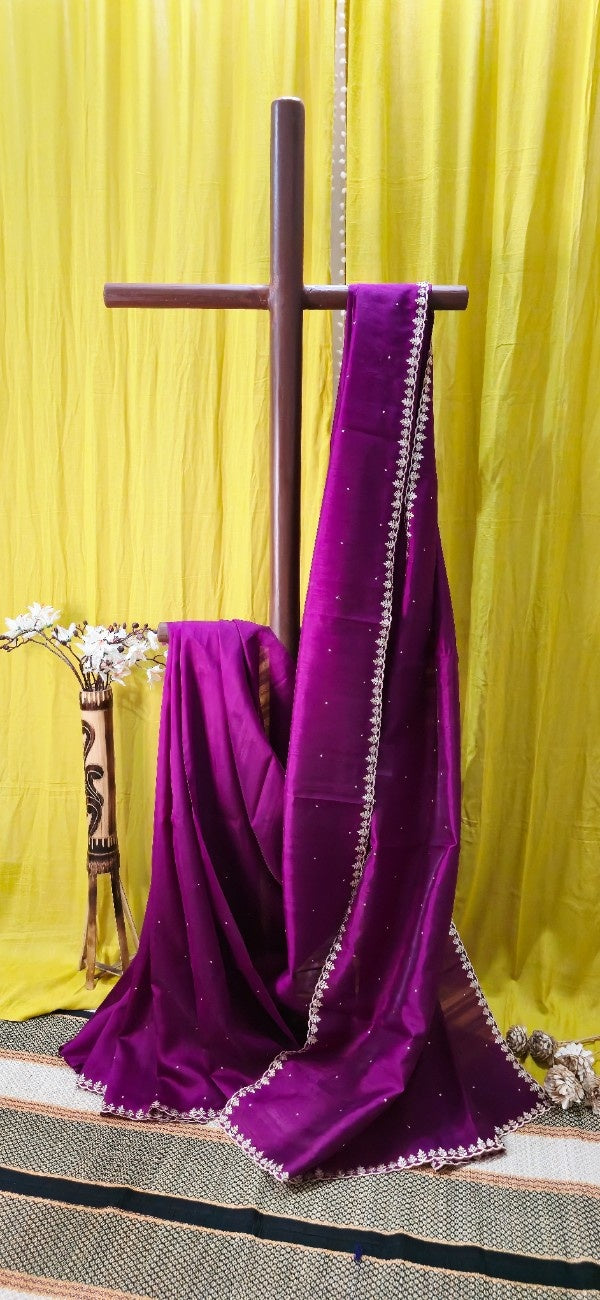Purple Tussar Silk Saree with Silver Embroidered Leaf Border & Subtle Buti