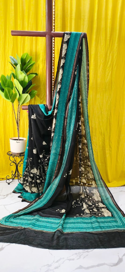 Black Chanderi Silk Saree with Ivory Floral Print & Teal Striped Border