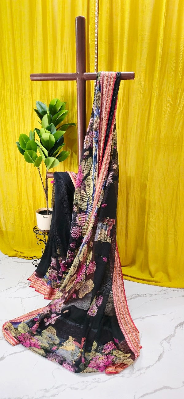 Black Kota Silk Saree with Lotus Digital Print & Coral Striped Border