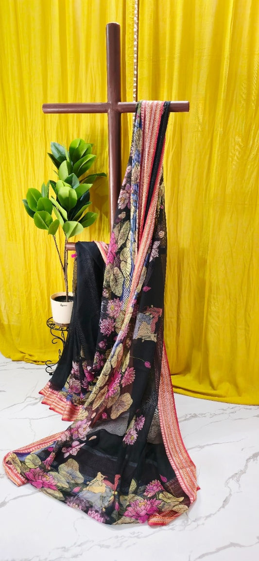 Black Kota Silk Saree with Lotus Digital Print & Coral Striped Border
