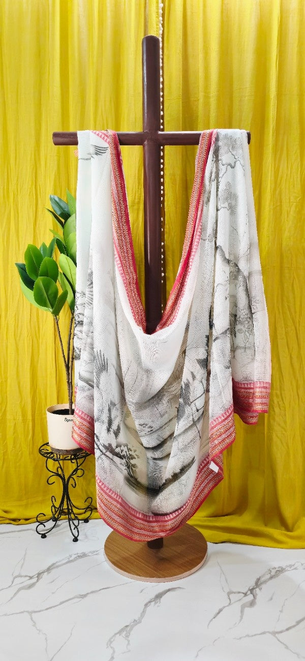 Off-White  Kota Silk Saree with Crane Print & Coral Zari Border