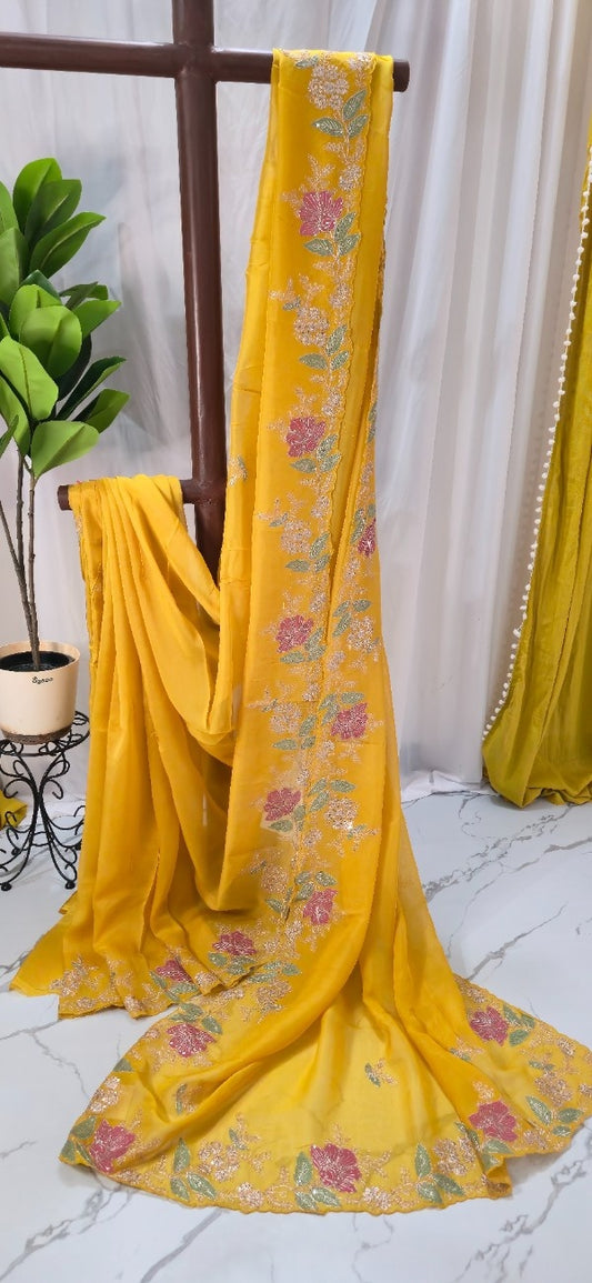 Marigold Yellow Kora Silk Saree with Floral Embroidery & Scalloped Border