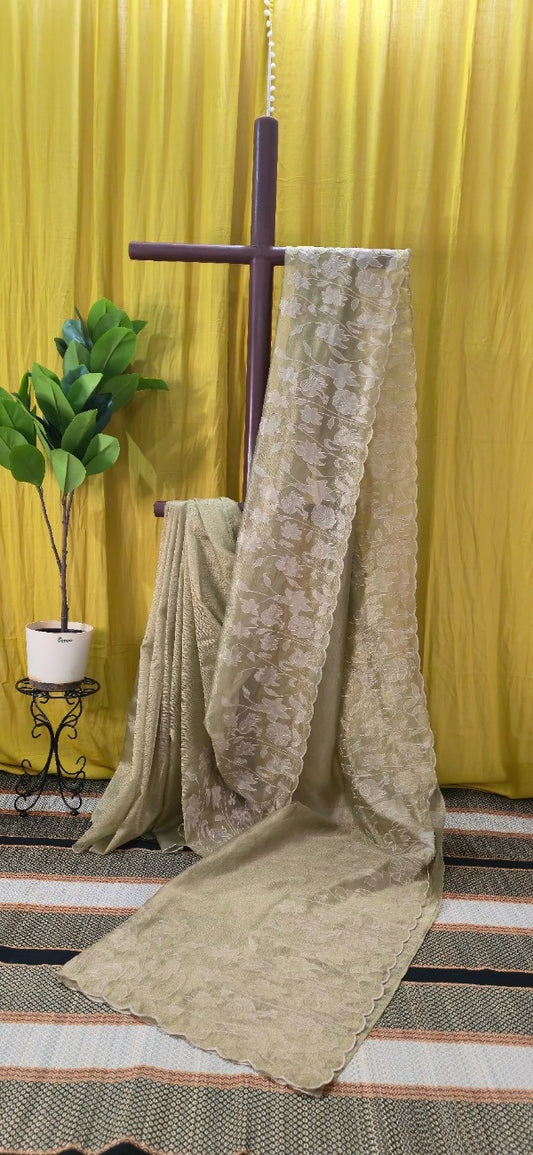 Sage Green Tissue Silk Saree with White Floral Embroidery & Scalloped Border