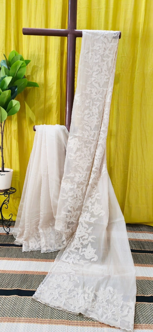 Ivory Kora Silk Saree with White Floral Embroidery & Scalloped Border