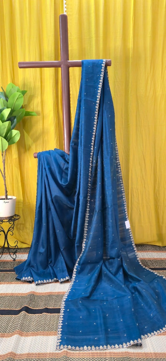 Peacock Blue Tussar Silk Saree with Embroidered Leaf Border & Subtle Buti