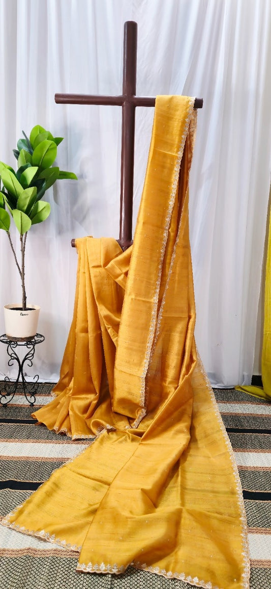 Mustard Yellow Tussar Silk Saree with Embroidered Leaf Border & Subtle Buti