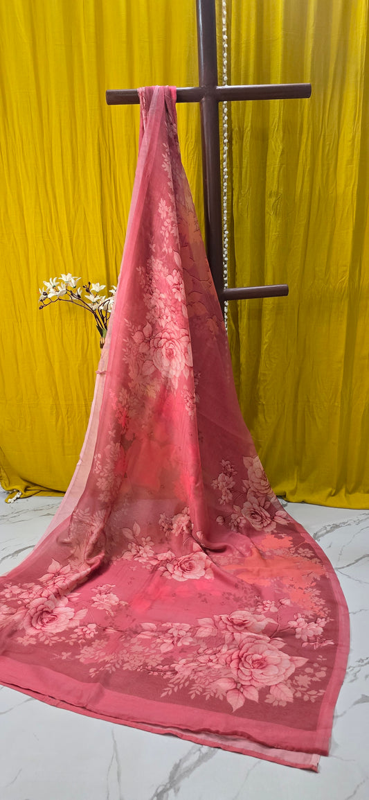 Rose Pink Kota Silk Saree with Floral Digital Print & Sheer Lightweight Drape