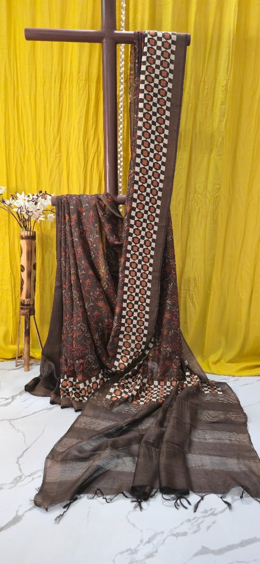 Chocolate Brown Munga Silk Saree with Geometric Check Border & Floral Print