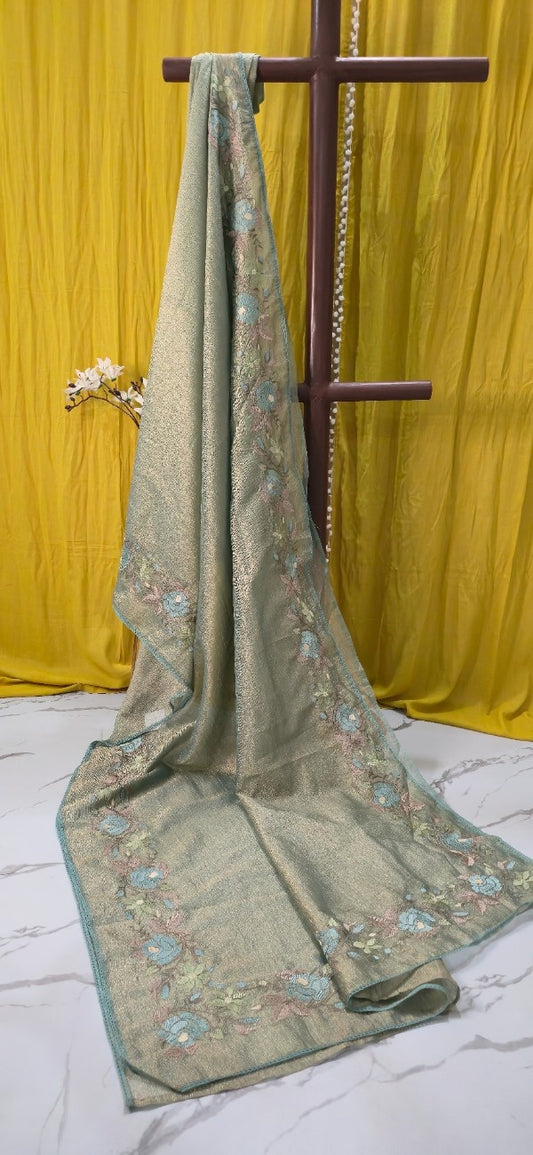 Sage Green Tissue Crush Silk Saree with Pastel Floral Embroidered Border & Sheer Shimmer