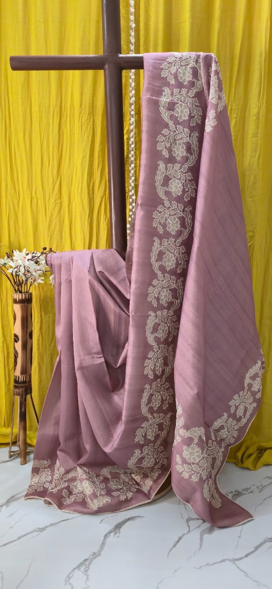 Dusty Mauve Tussar Silk Saree with Ivory Floral Embroidered Border & Elegant Sheen