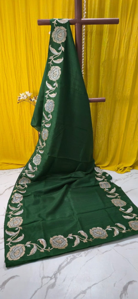 Emerald Green Tussar Silk Saree with Antique Zari Floral Embroidered Border