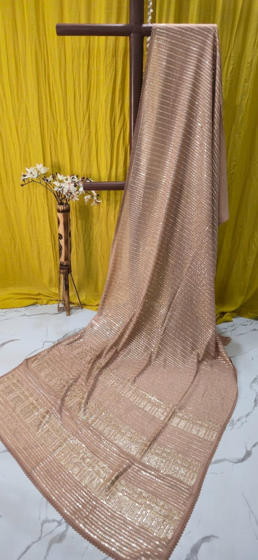 Rose Gold Nude Georgette Sequin-Striped Party Wear Saree with Designer Pallu & Scallop Border