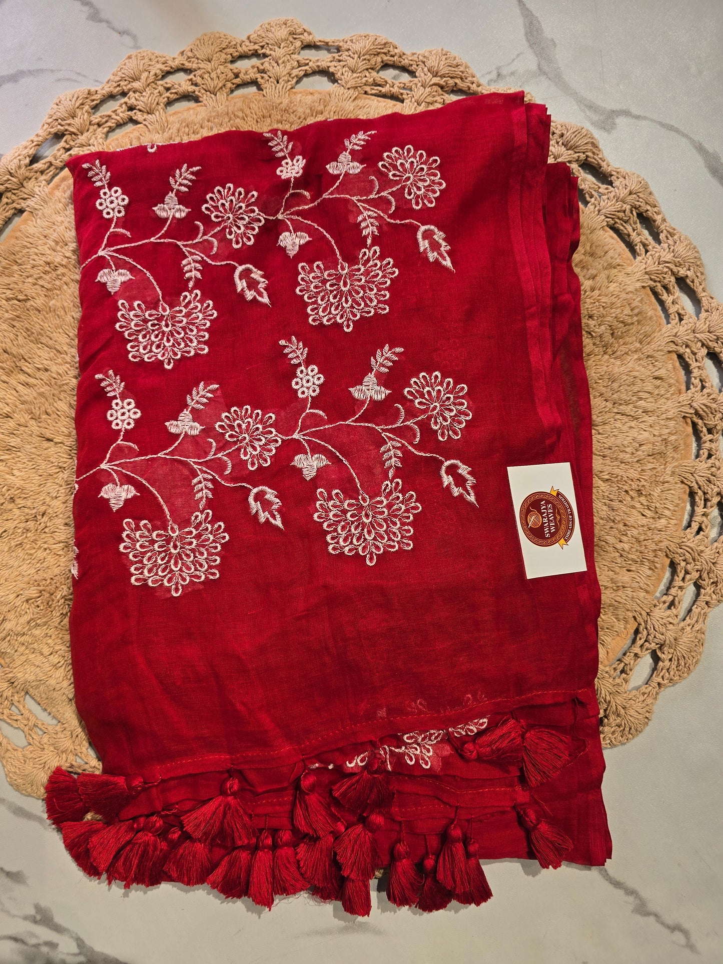 Red Mul Cotton Saree with Embroidery