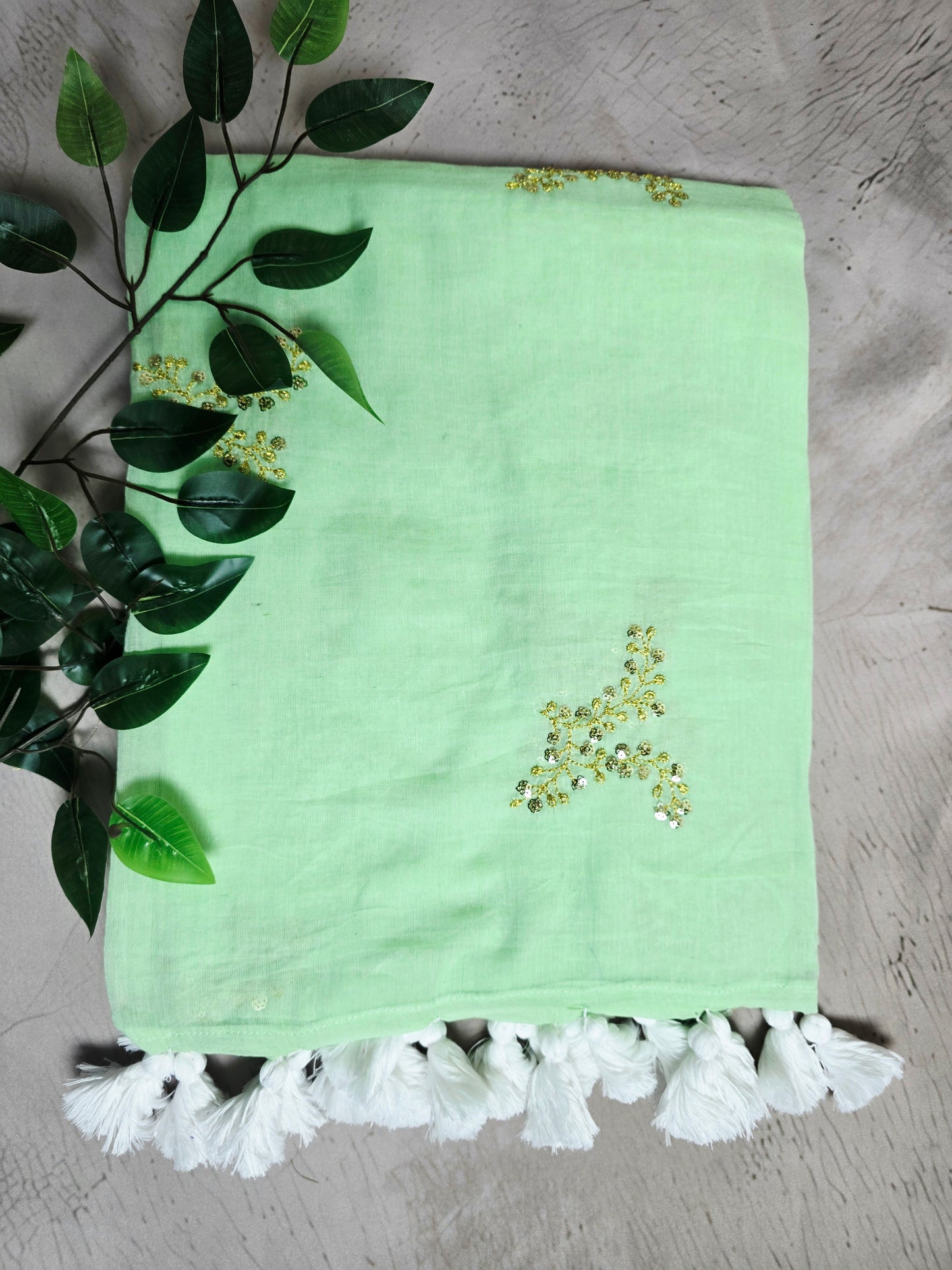 Mint Green Mul Cotton Saree with Golden Floral Embroidery & White Tassels