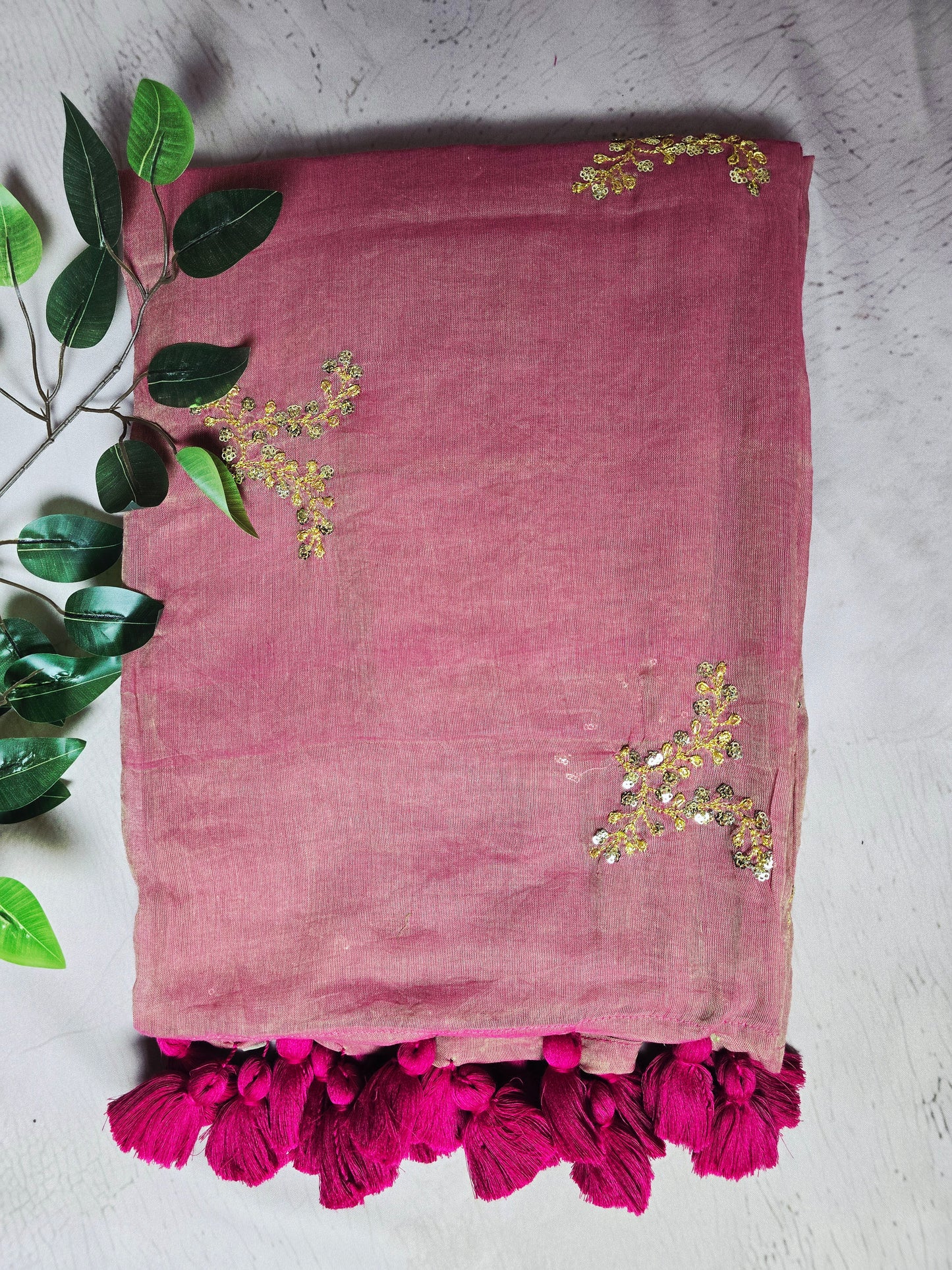 Dusty Rose Mul Cotton Saree with Golden Floral Embroidery & Handcrafted Tassels
