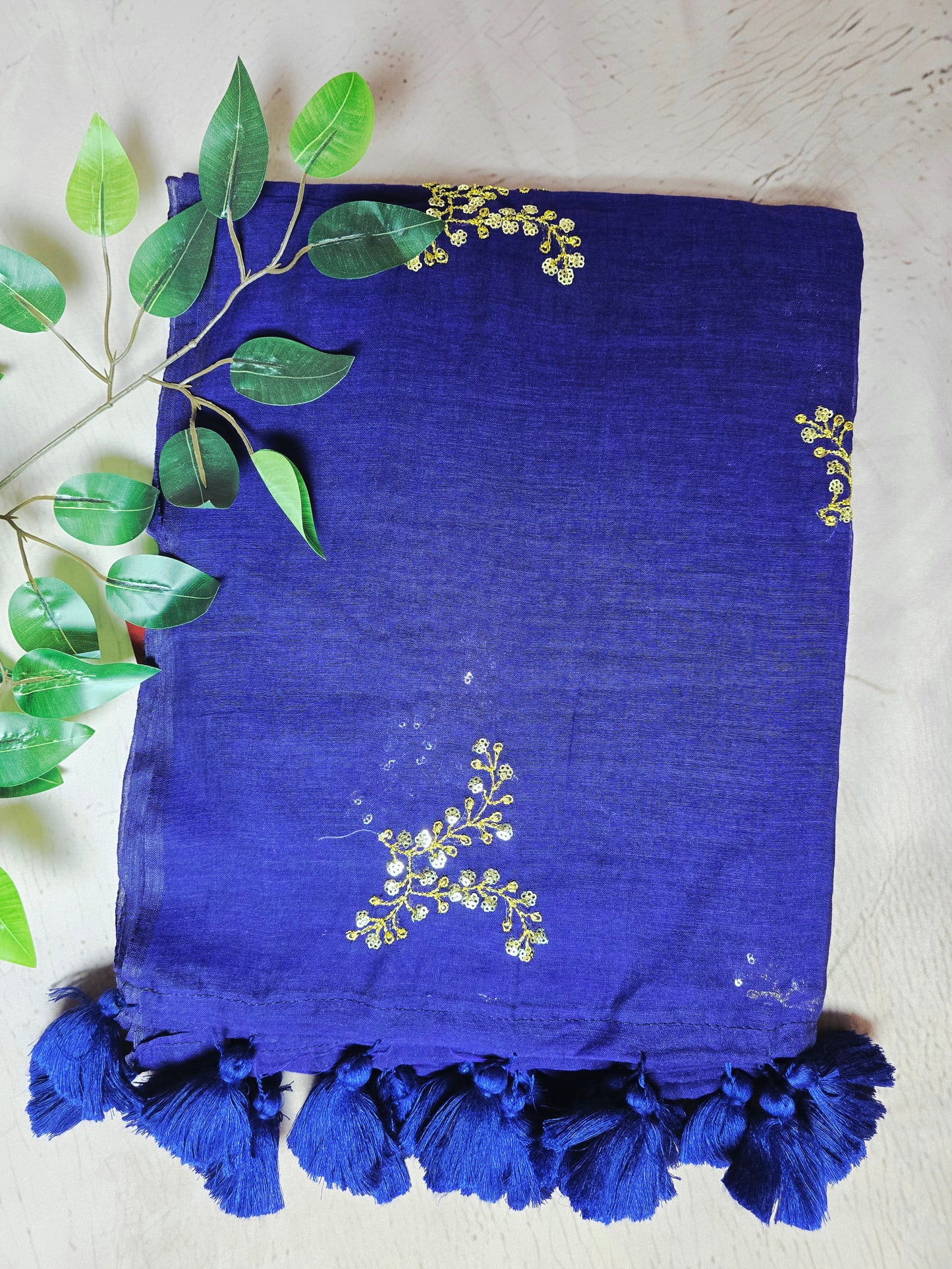Royal Blue Mul Cotton Saree with Golden Floral Embroidery & Matching Tassels