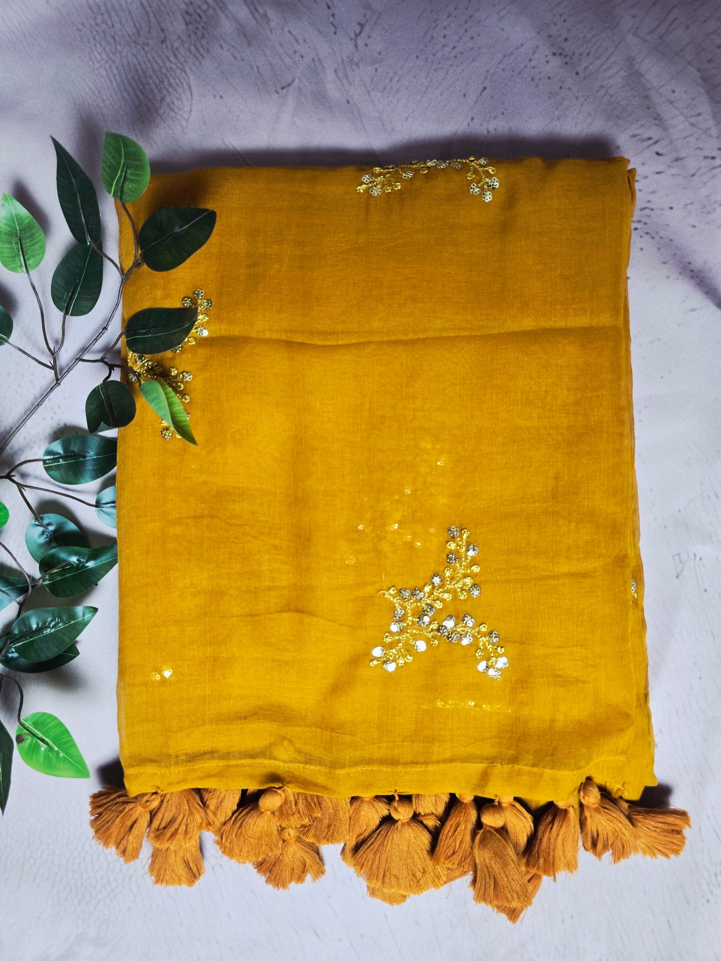 Mustard Yellow Mul Cotton Saree with Golden Floral Embroidery & Matching Tassels