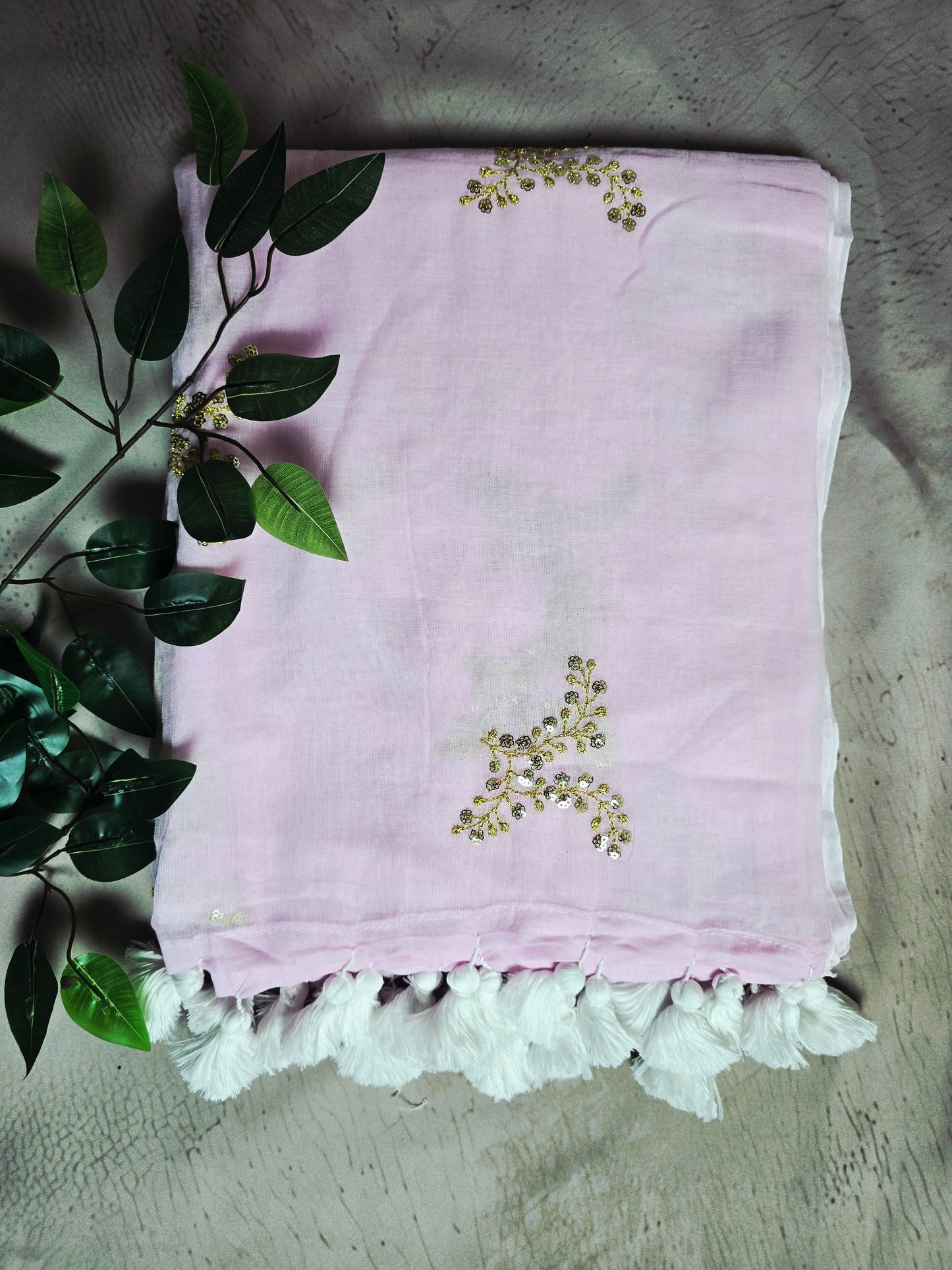 Baby Pink Mul Cotton Saree with Golden Floral Embroidery & Handcrafted Tassels