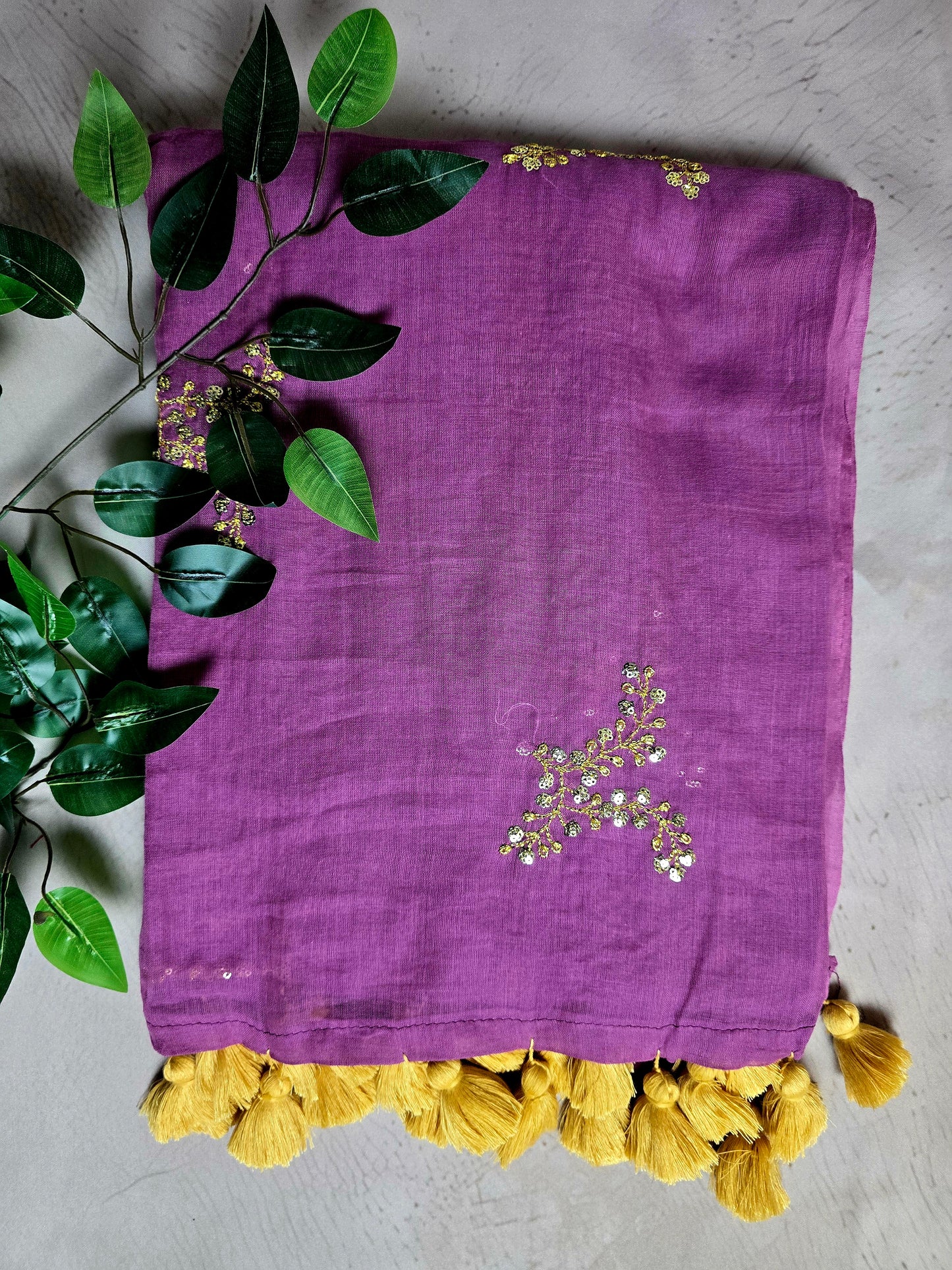 Royal Purple Mul Cotton Saree with Golden Floral Embroidery & Mustard Gold Tassels