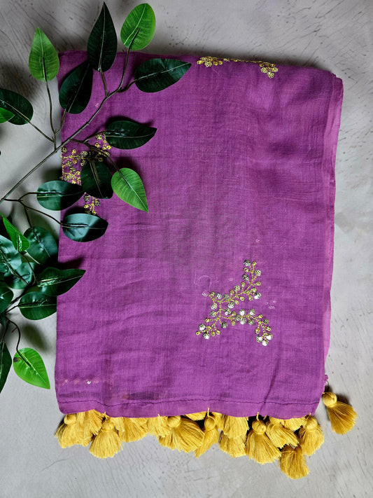 Royal Purple Mul Cotton Saree with Golden Floral Embroidery & Mustard Gold Tassels
