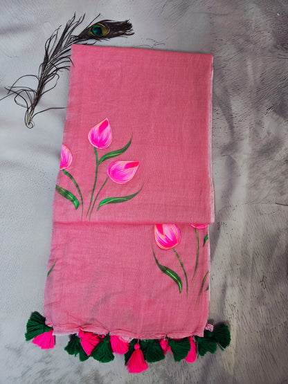 Blush Pink & Hot Pink Hand Painted Mul Cotton Saree with Emerald Green Tassels
