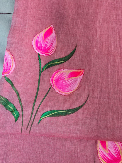 Blush Pink & Hot Pink Hand Painted Mul Cotton Saree with Emerald Green Tassels
