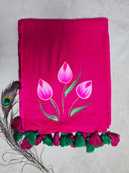 Rani Pink Hand-Painted Tulip Mul Cotton Saree with Handcrafted Tassels