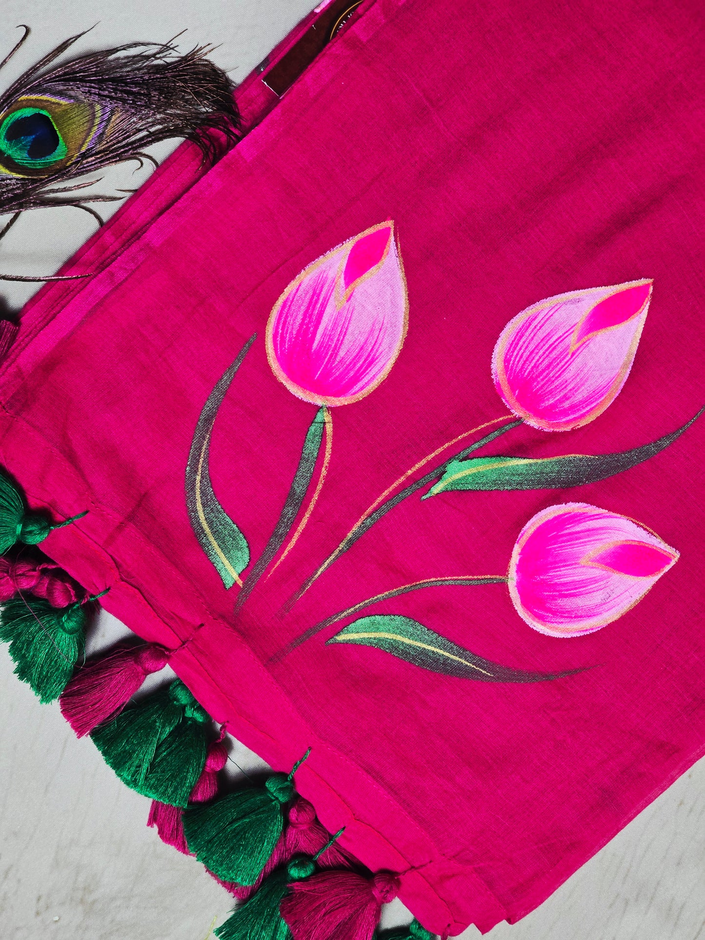 Rani Pink Hand-Painted Tulip Mul Cotton Saree with Handcrafted Tassels