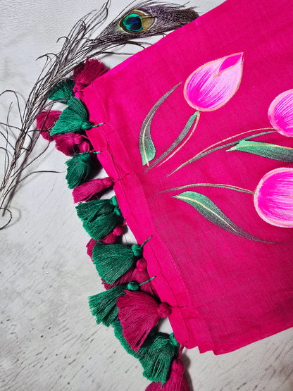 Rani Pink Hand-Painted Tulip Mul Cotton Saree with Handcrafted Tassels