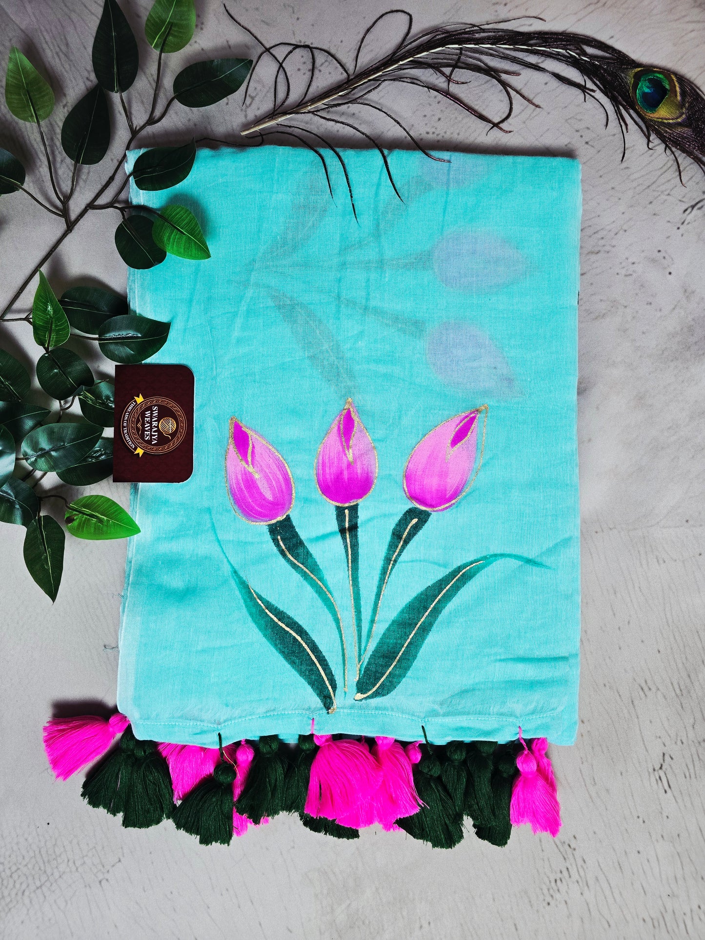 Aqua Blue & Hot Pink Hand Painted Mul Cotton Saree with Emerald Green Tassels