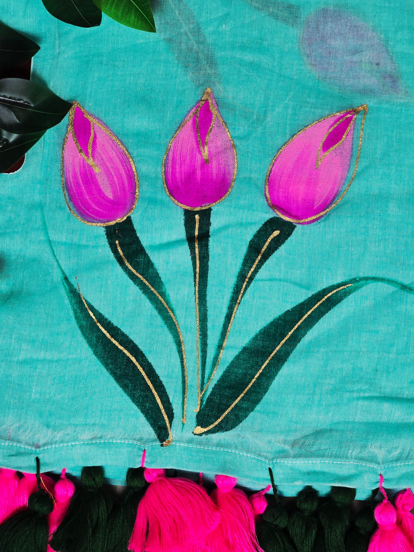 Aqua Blue & Hot Pink Hand Painted Mul Cotton Saree with Emerald Green Tassels