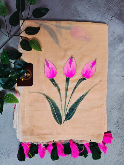 Champagne Beige Hand Painted Tulip Mul Cotton Saree with Pink & Forest Green Tassels
