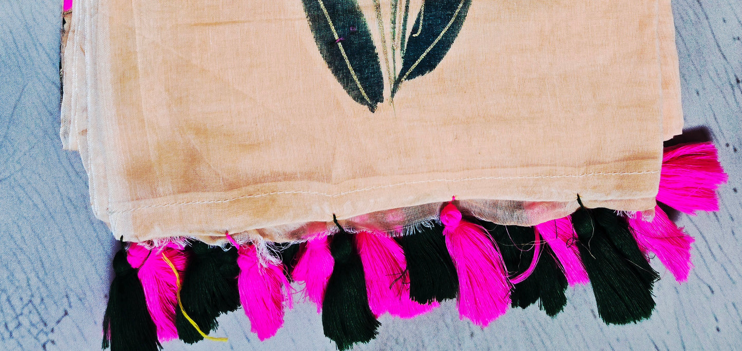 Champagne Beige Hand Painted Tulip Mul Cotton Saree with Pink & Forest Green Tassels