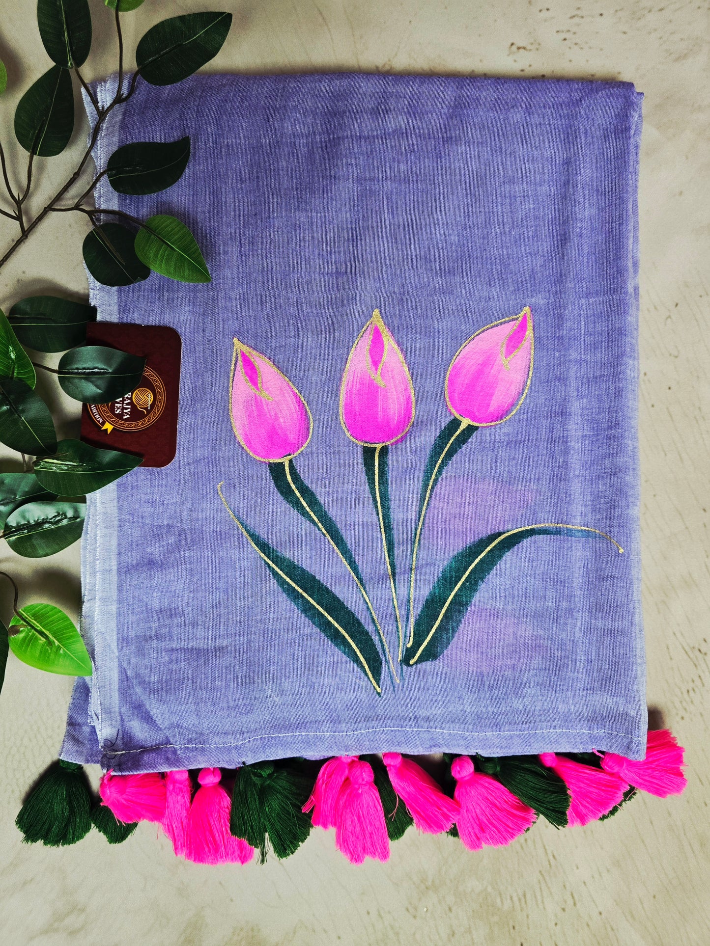 Lavender Hand Painted Mul Cotton Saree with Pink Tulip Motif & Dual-Tone Tassels