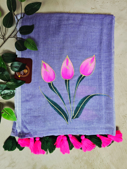 Lavender Hand Painted Mul Cotton Saree with Pink Tulip Motif & Dual-Tone Tassels