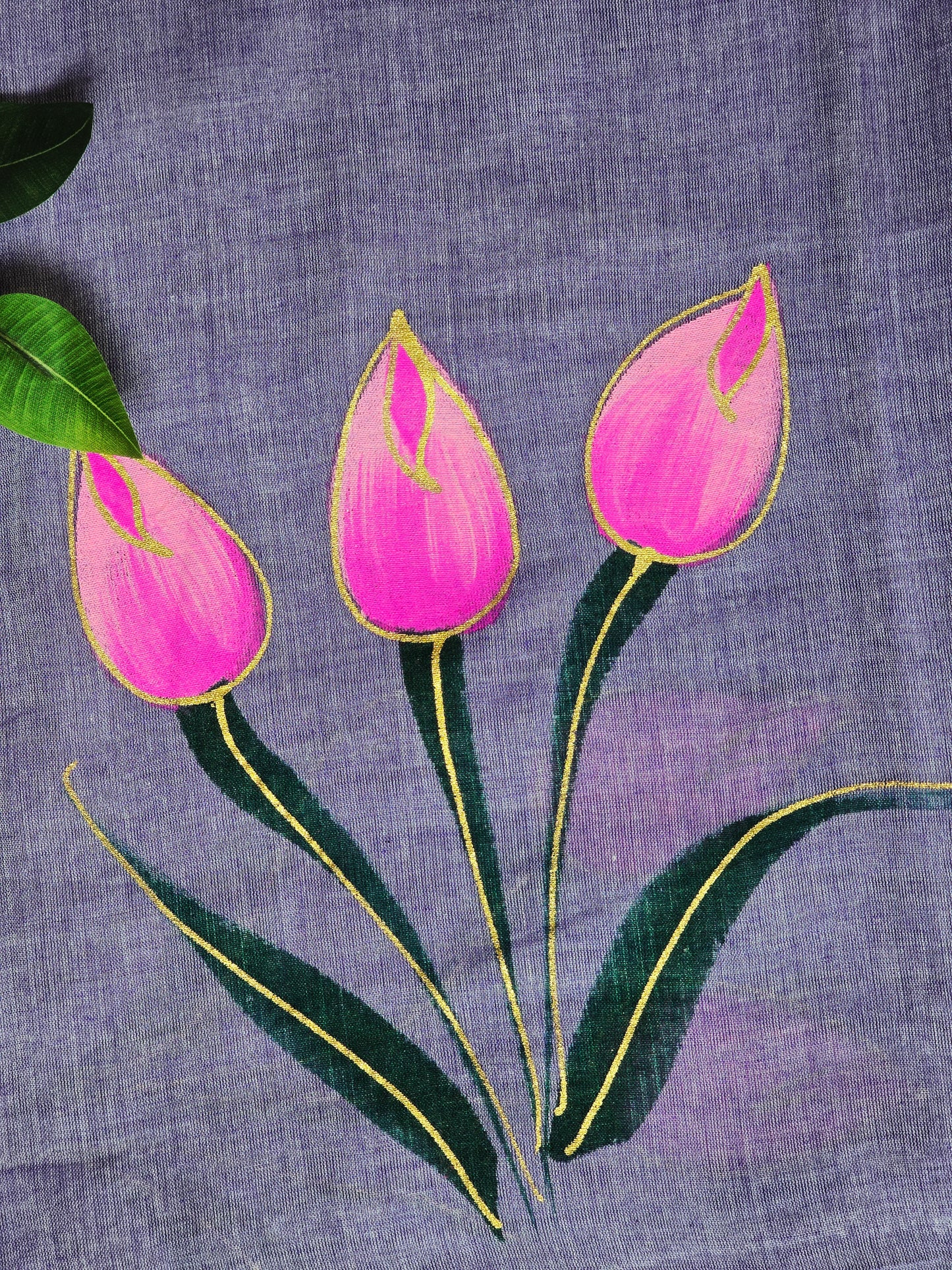 Lavender Hand Painted Mul Cotton Saree with Pink Tulip Motif & Dual-Tone Tassels