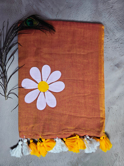 Caramel Brown Hand Painted White Daisy Mul Cotton Saree with Mustard & White Tassels