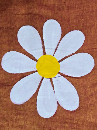 Caramel Brown Hand Painted White Daisy Mul Cotton Saree with Mustard & White Tassels