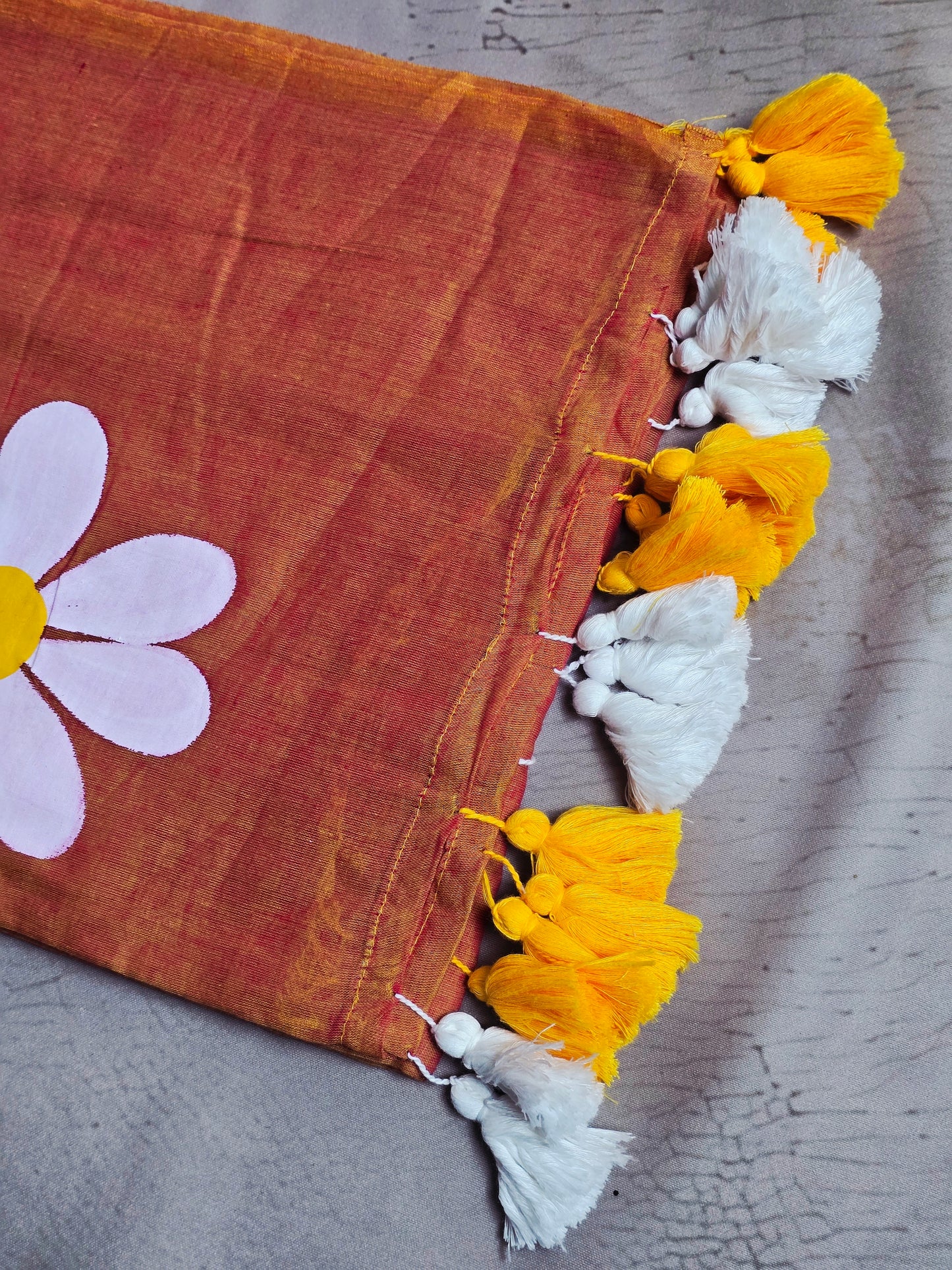 Caramel Brown Hand Painted White Daisy Mul Cotton Saree with Mustard & White Tassels