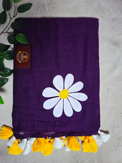 Royal Purple Hand Painted Mul Cotton Saree with White Daisy Motif & Dual-Tone Tassels