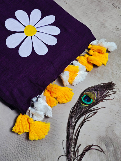 Royal Purple Hand Painted Mul Cotton Saree with White Daisy Motif & Dual-Tone Tassels